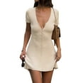 thumbnail image 2 of Women Deep V Neck Button Front Knit Mini Dress Elegant Short Sleeve Ribbed Flowy Hem A-Line Short Dress Cream White S, 2 of 9