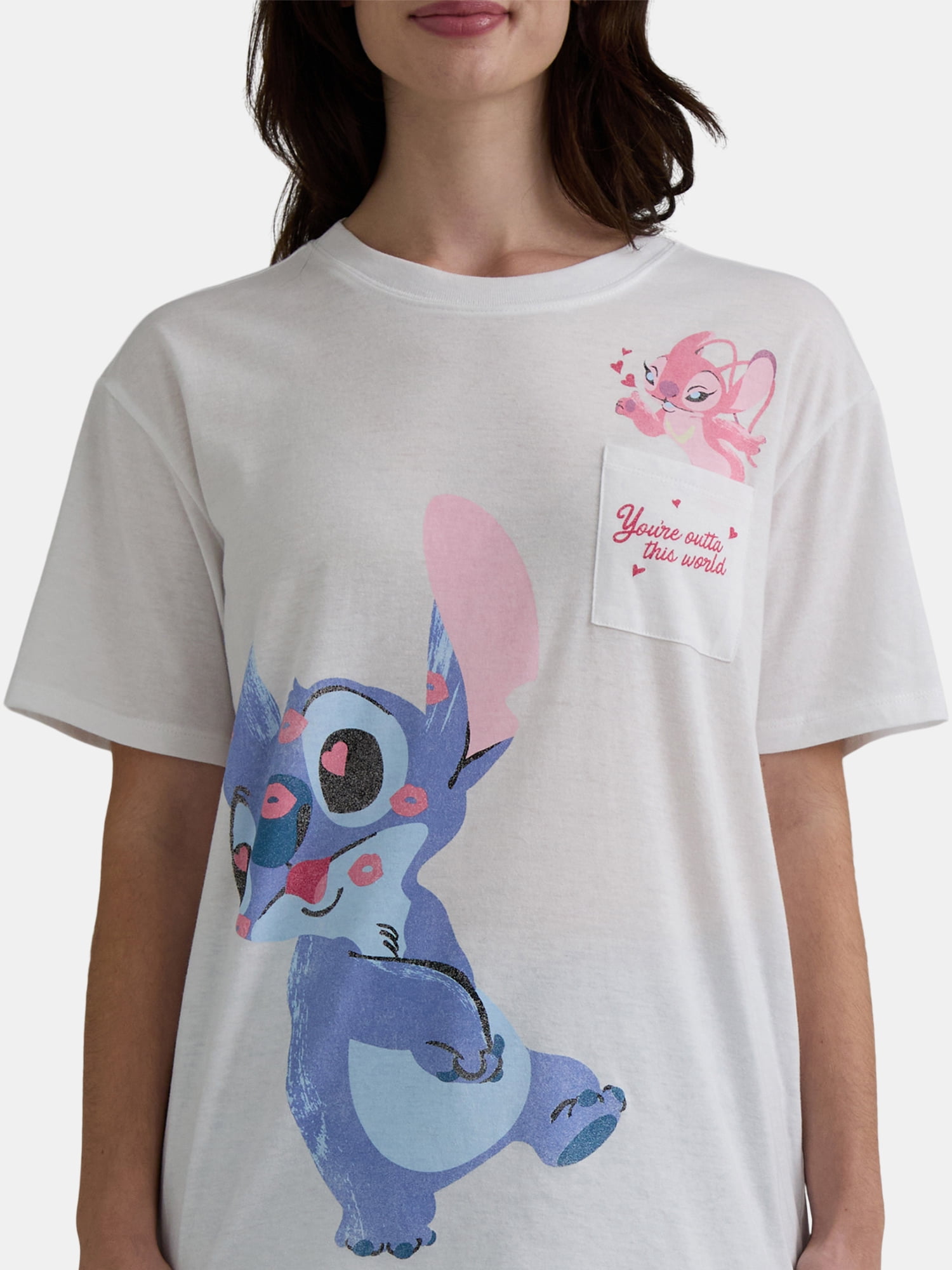 Valentine’s Day Women’s Stitch and Angel Kisses Graphic Pocket Tee, Sizes XXS-XXL