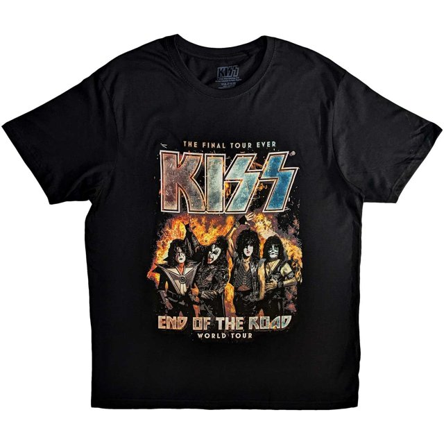 kiss - camiseta end of the road final tour para adultos unisex (negro) camiseta negra 100% algodón ringspun, vista frontal centrada con cuello redondo y manga corta; gran estampado frontal con el logotipo KISS en letras angulares sobre llamas y retratos estilo póster de la gira "End of the Road"; tejido suave al tacto y etiqueta Kiss en el cuello. A menudo usada como prenda casual para conciertos y eventos.