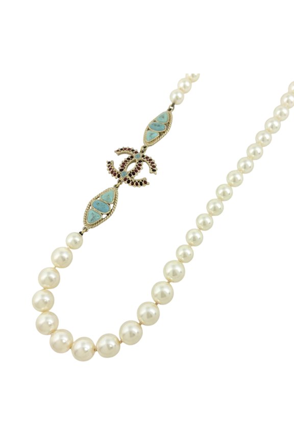 Pre-Owned Chanel Coco Mark Faux Pearl Necklace, Long, GP White/Light Blue, Women's
