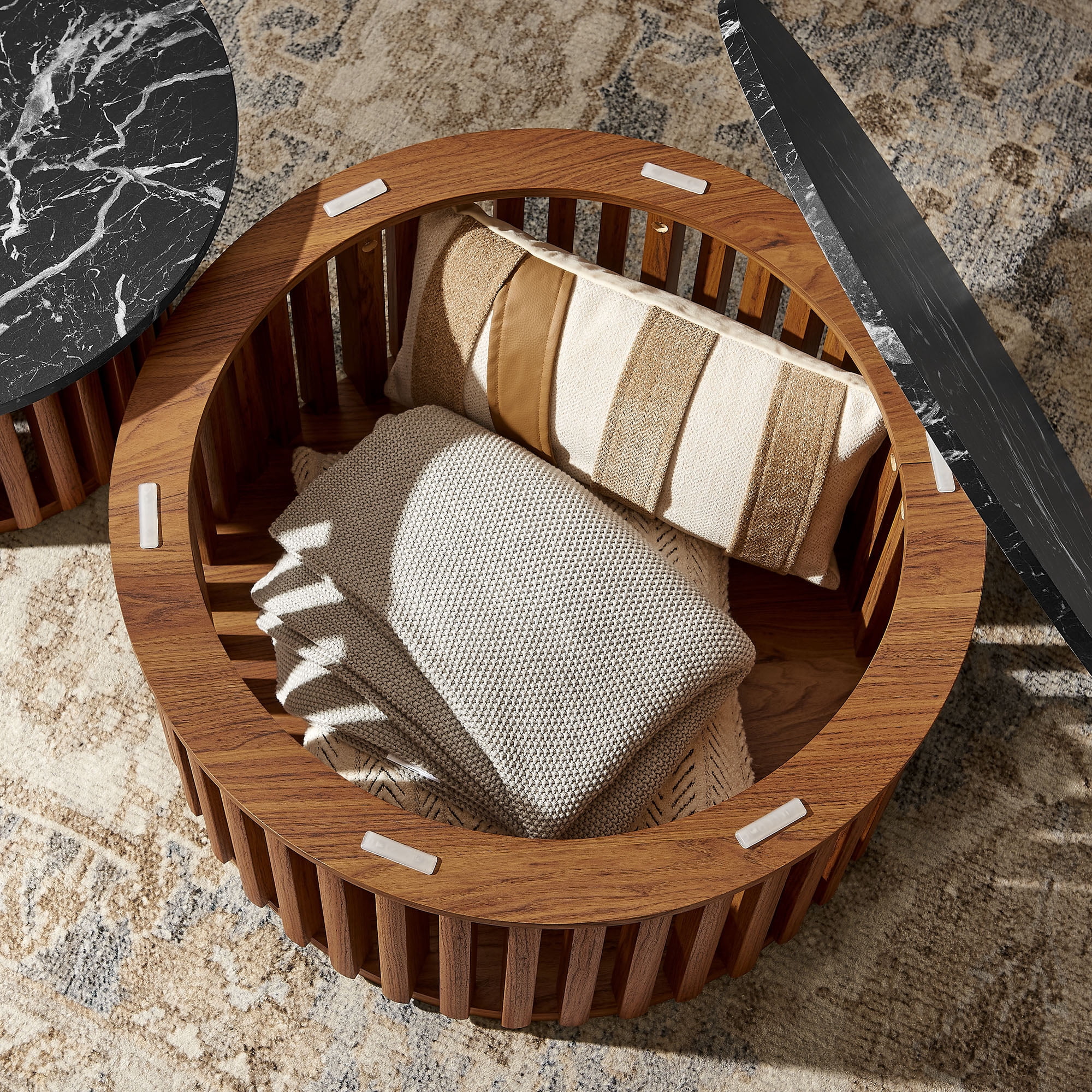 Coffee Sofa Side End Table, round, Black, Faux Marble, Wood, Living Room Lounge Cafe Lobby Hospitality Restaurant, Modern Contemporary, HB37996