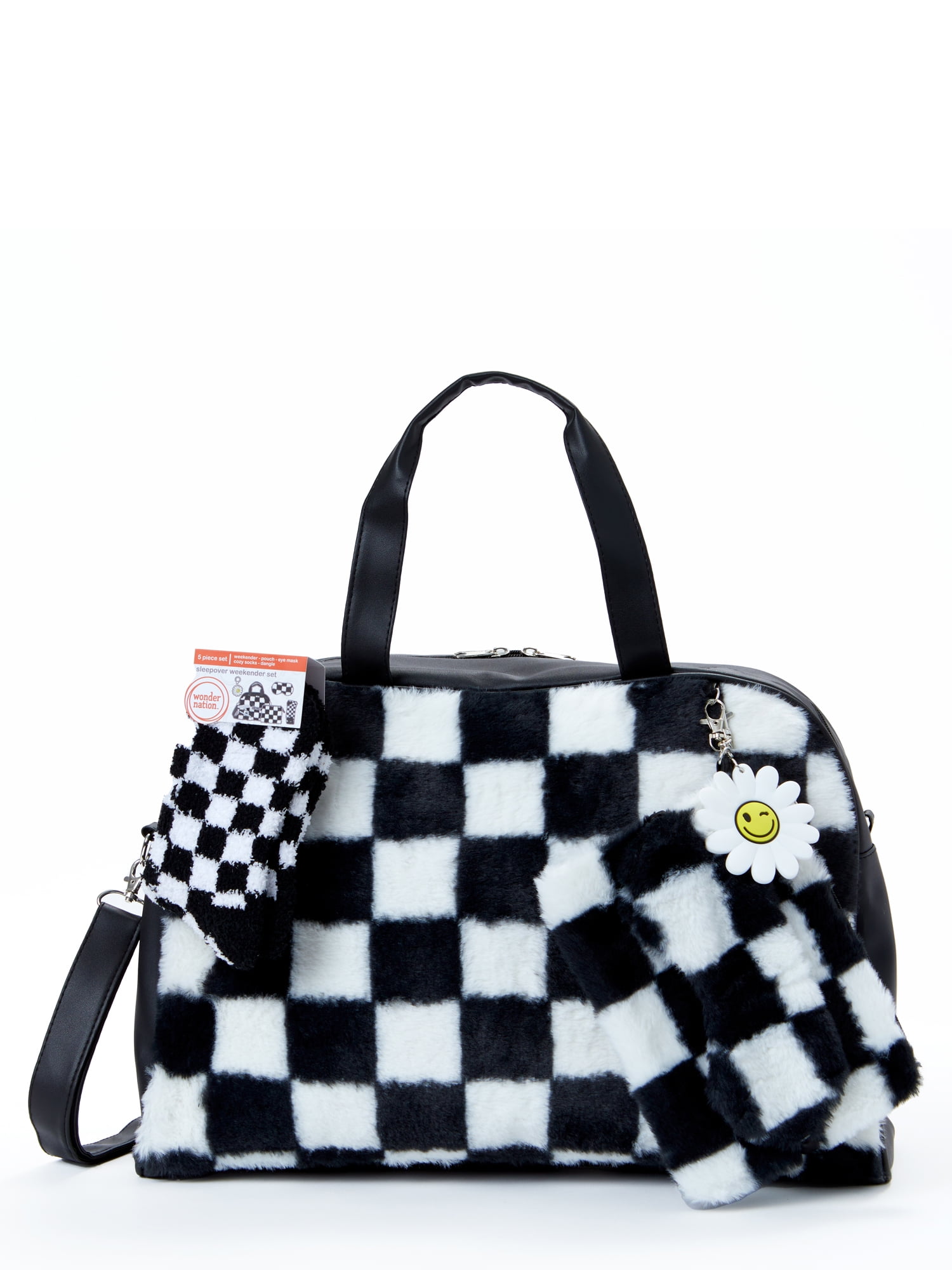 Wonder Nation Girl's Check Sherpa Weekender Duffle Handbag Set Black & White