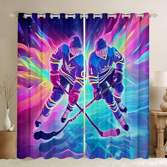 Manfei Ice Hockey Black Out Curtains for Kids, American Sports Curtains Pack of 2 (42x63 Each), Cartoon Sport Theme Bedroom Curtains, Curtains Blackout Room Decor