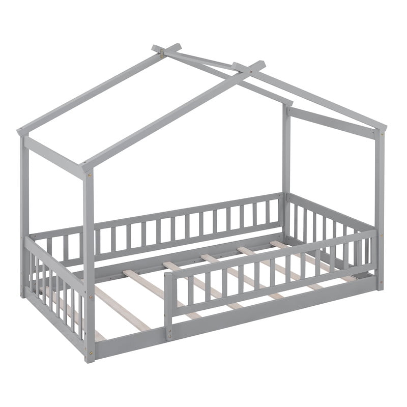 Twin Size Wood House Bed Floor Bed with Fence and Guardrails, Kids Playhouse Bed Toddler Bed Montessori Bed for Kids Boys Girls, No Box Spring Needed