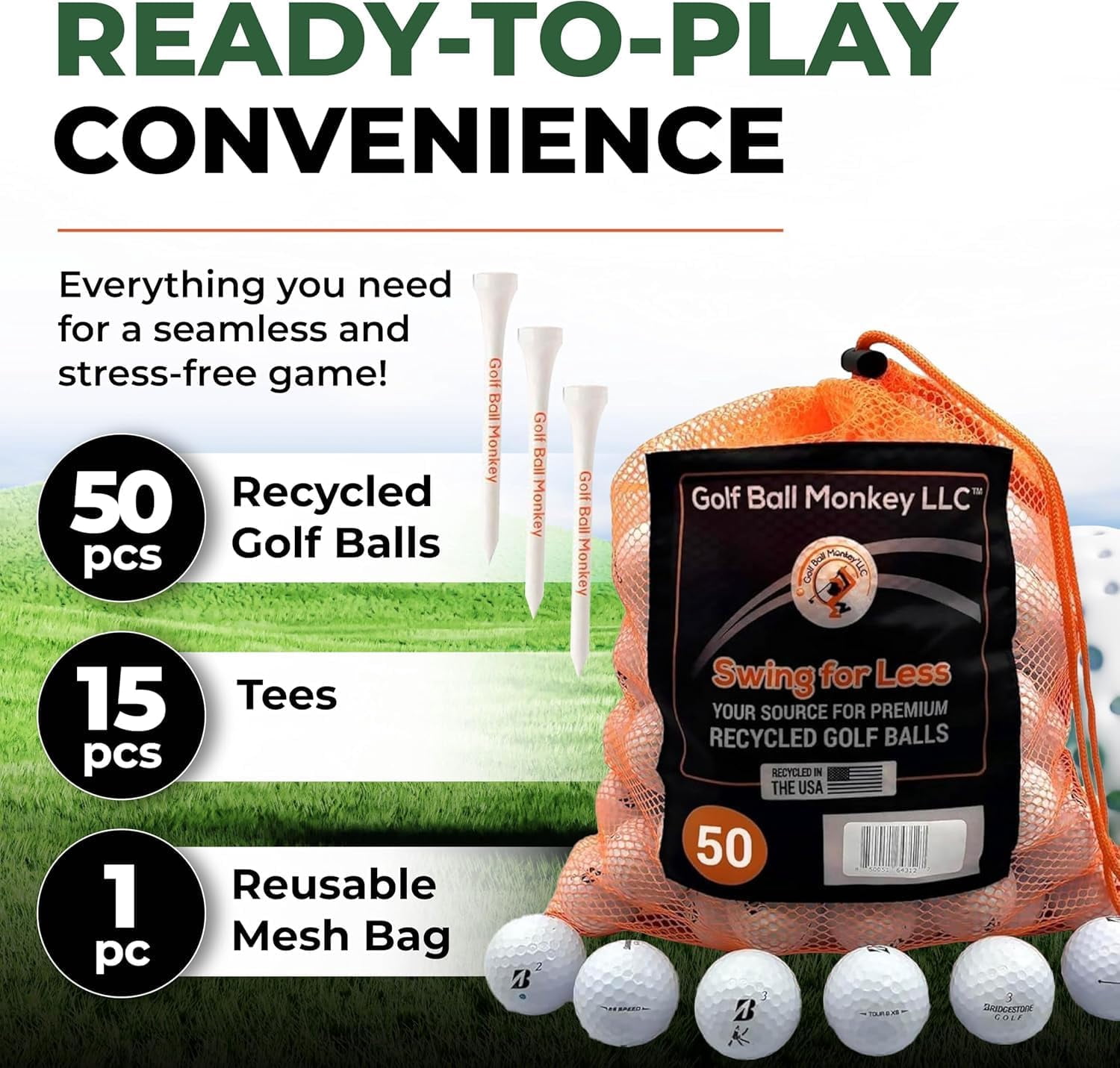 Golf Ball Monkey Cheap Recycled for Bridgestone Golf Balls White Good Condition 50 Pk for Bridgestone e6, e12, Tour BX and BRX Golf Balls & More w/ 15 Tees & Mesh Bag (50)