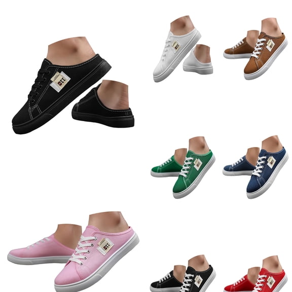 Ludearly Women's Backless Tennis Shoes Mules Sneakers Canvas -On Sneakers, Loafers Lace Up Fashionable & Comfortable Solid Color Casual Canvas Slides Work Commute Outdoor Footwear 5.5&Black