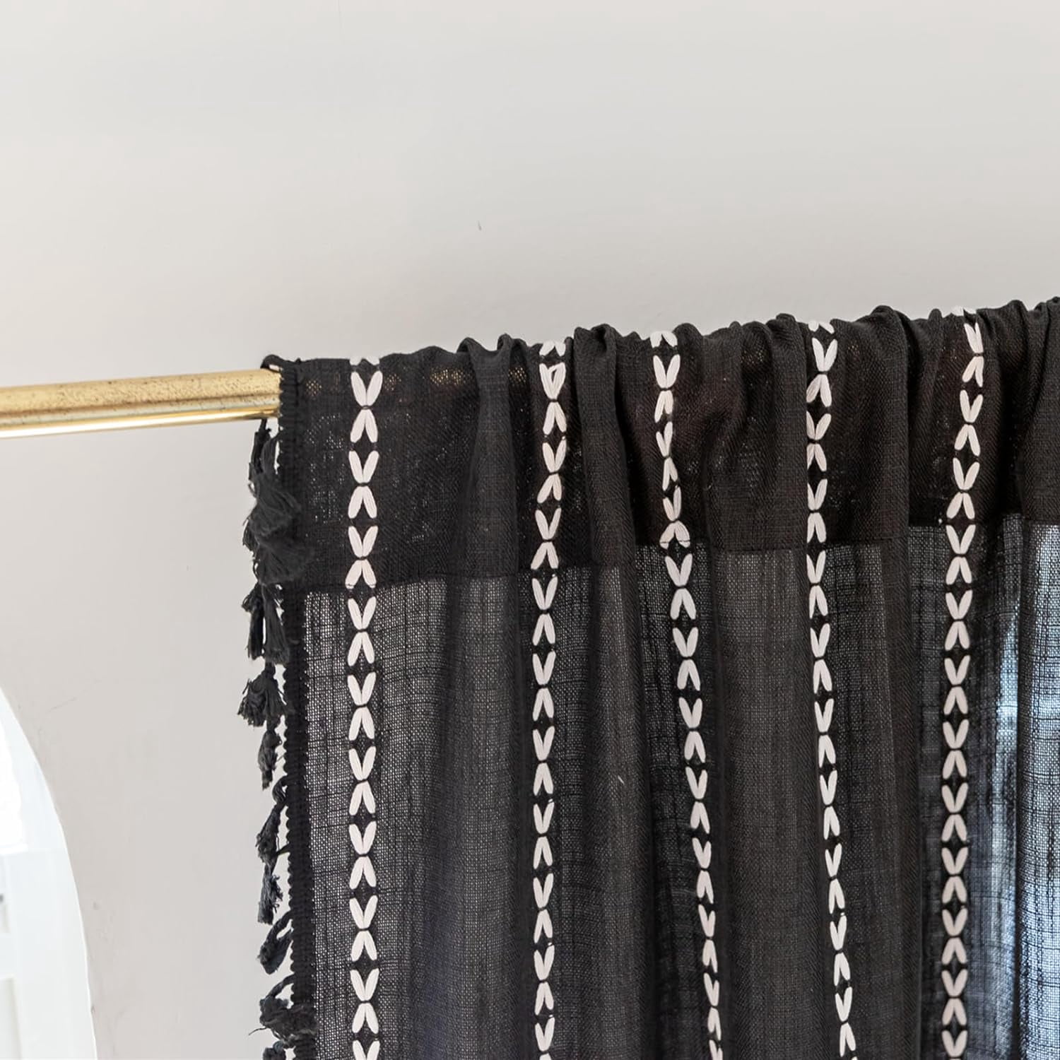 Psoiuetr Black Boho Curtains for Bedroom Living Room Linen Cotton Embroidered Semi Blackout Farmhouse Window Treatment Drape Vintage Tassels Rod Pocket 1 Panel 52" W x 84" L