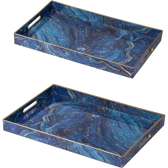 A&B Home Decorative Tray Marbling Plastic Tray with Handles Coffee Table Serving Tray for Ottoman Couch Set of 2 Large Perfume Tray Blue