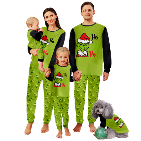 

FUNIER Holiday Family Matching Christmas Pajamas Set Merry Christmas Claus Cartoon Green Print Baby-Kids-Adult-Pet Size 2 Pieces Top and Pants Bodysuits Xmas Pjs Set