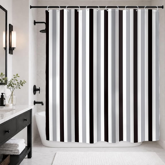 Black And White Striped Shower Curtain Waterproof Fabric Bathroom Curtain with Hooks 71x71 inches