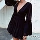 thumbnail image 4 of Vestido de manga larga con cuello en V para mujer, dobladillo con volantes, vestido corto informal, falda de playa, 4 of 6