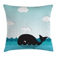 thumbnail image 1 of Whale Decor Throw Pillow Cushion Cover, Cute Smiling Happy Black Whale Swimming in Wavy Sunny Ocean Cartoon Artwork, Decorative Square Accent Pillow Case, 24 X 24 Inches, Black and Blue, by Ambesonne, 1 of 2