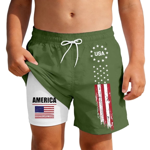 LIIPEE Boys Shorts Independence Day Casual Summer Hybrid Relaxed Fit 4th Of July America Stars Stripes U.S.A Red White And Blue Print Elastic Waist Fashion Cute Double Layer Beach Shorts,5-6 Years