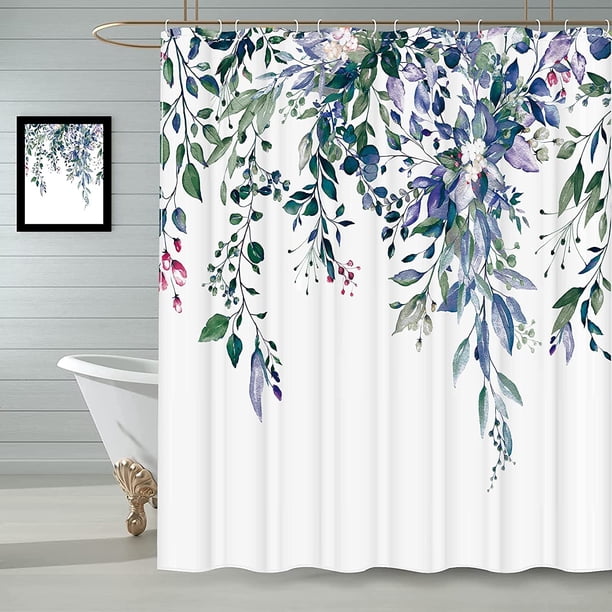 Cortina de ducha de eucalipto con peso, verde-morado, 180 x 180 cm. Cortina de baño resistente al moho con ganchos para baños, bañeras y cabinas de ducha. Impermeable y lavable.