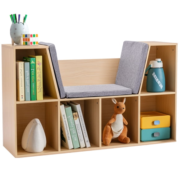 CoSoTower 6-Cubby Kids Bookcase with Reading Nook and Cushion, Multi-Purpose Storage Organizer for Bedroom, Living Room, Natural