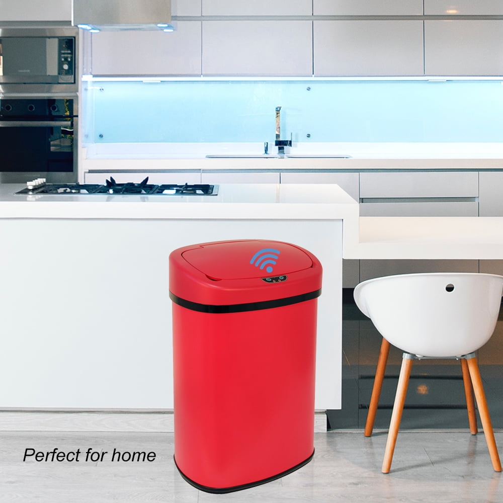 Automatic Sensor 13 Gallon Trash Can Touch Free Trash Can No Touch Garbage Can Kitchen Waste Bin Bathroom Trash Can with Lid for Home Bedroom Office, Power by Battery, Red