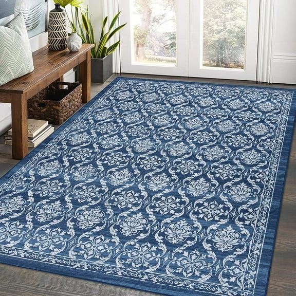 Homhougo 9x12 Modern Floral Washable Area Rug, Non-Slip Low Pile Trellis Boho Carpet, Ultra-Thin Non-Shedding Living Room Bedroom Rug, Blue