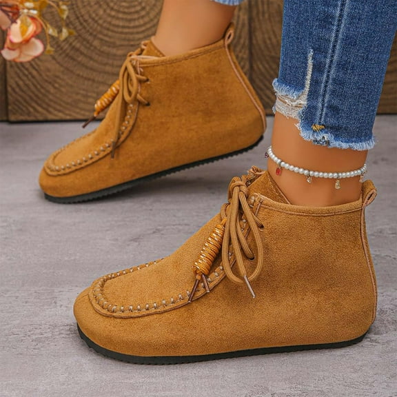 Willtoo Flat boots for Women Faux Suede Lace Up Ankle Boots Wide Round Toe Retro Style Street Footwear Flat Ankle Booties Brown