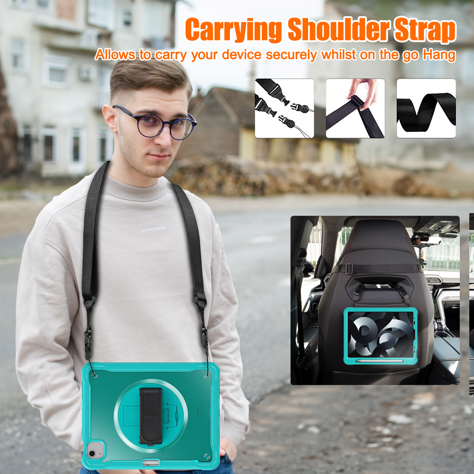 Allytech Rugged Case for Apple iPad Pro 11 2022/2021/2020/2018, iPad Air 4 5 Case, iPad Air 11" Case 2024, 360 Rotating Stand Clear Back Cover Shockproof Shoulder Strap with Pencil Holder, Blue