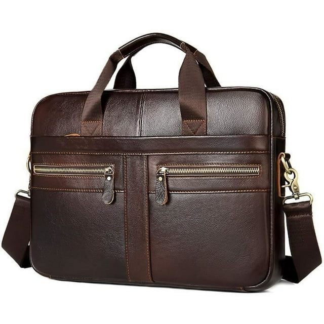 Men's Leather Business Briefcase Handbag - Brown - Shoulder Strap - Large Capacity - Reinforced Handle