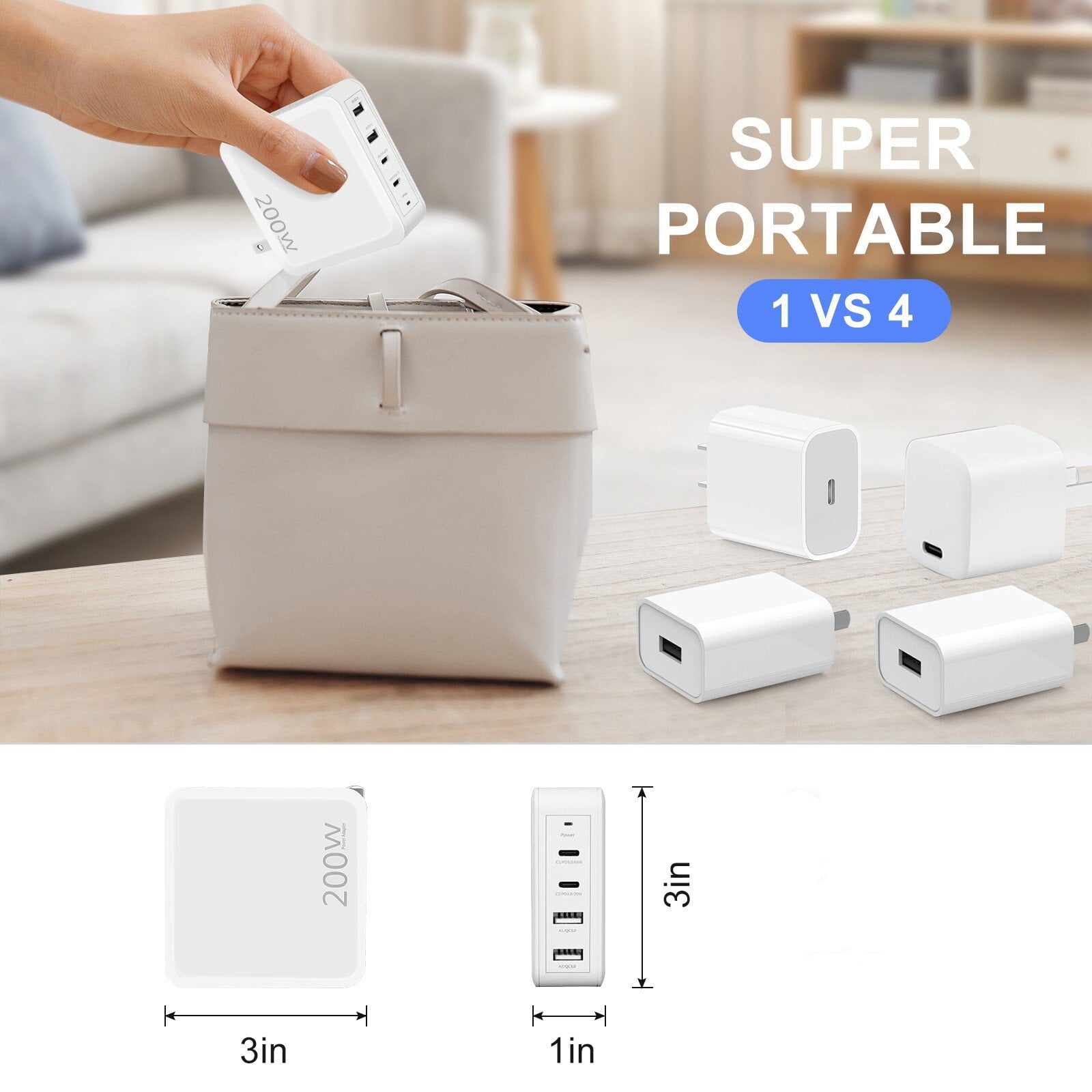 200W USB C Wall Fast Charger Block, Type C Charger Fast Charging Blocks PD Power Charger Adapter Multiport Charger