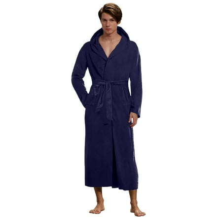 

Quealent Mens Hooded Robe Full Length Plush Robe for Men Big and Tall Fleece Bathrobe (Navy 3XL)