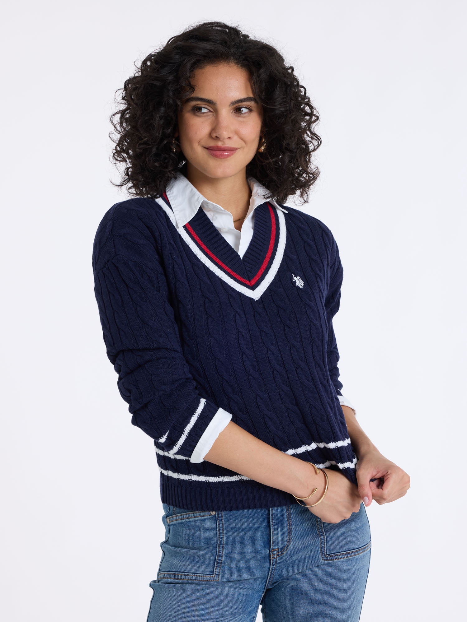 U.S. Polo Assn. Women's Varsity V-Neck Cable Sweater