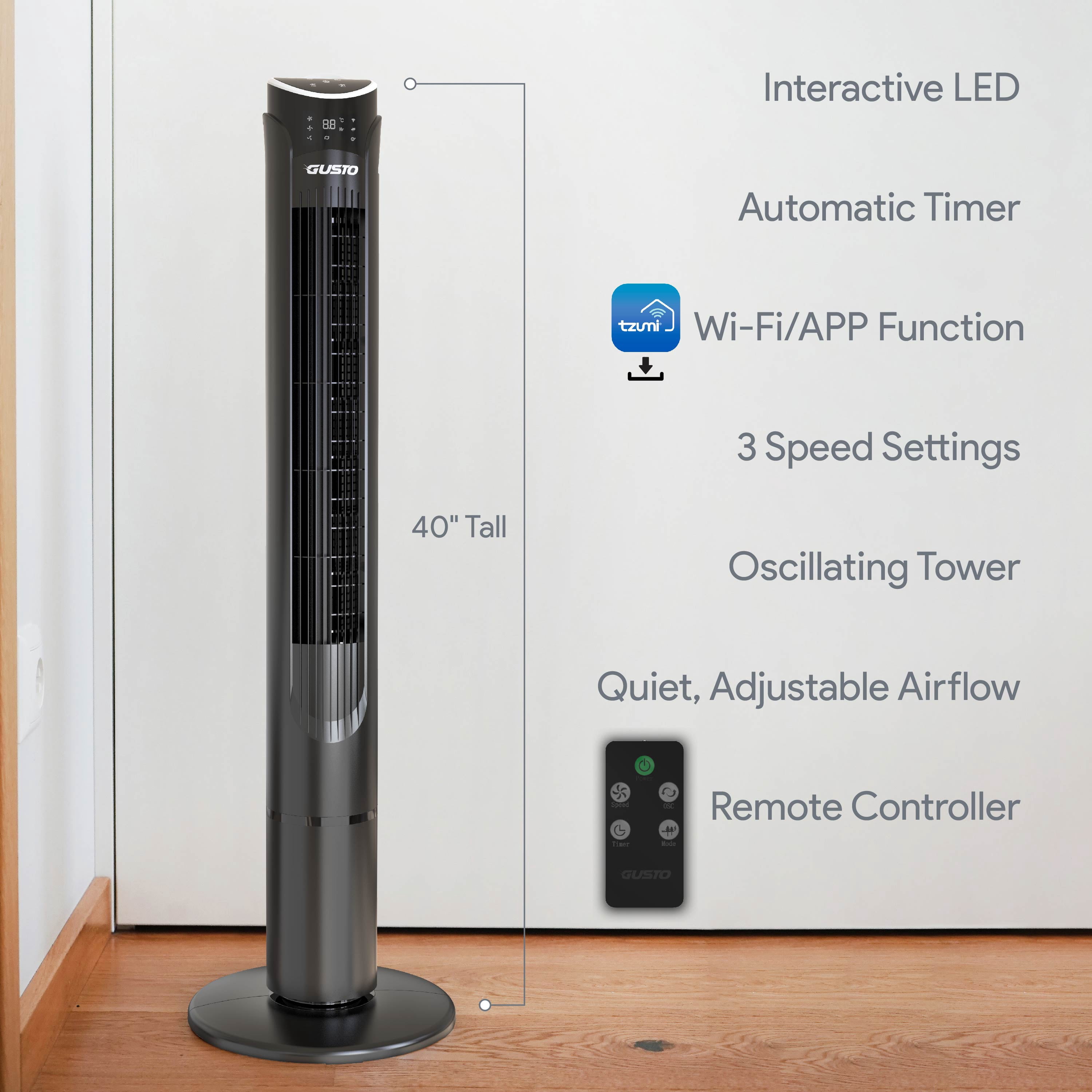 Tzumi 40" Smart Tower Fan, Bladeless Oscillating Standing Floor Fan with Remote, LED Display, and WiFi Function, Black