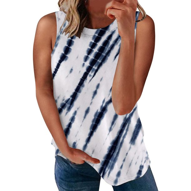 Playeras,Blusas y Tops,Ropa para Mujer Camisetas sin mangas Camiseta de verano sin mangas con cuello redondo y estampado de mujer Camiseta sin mangas para mujer Camis (Navy, XXL)