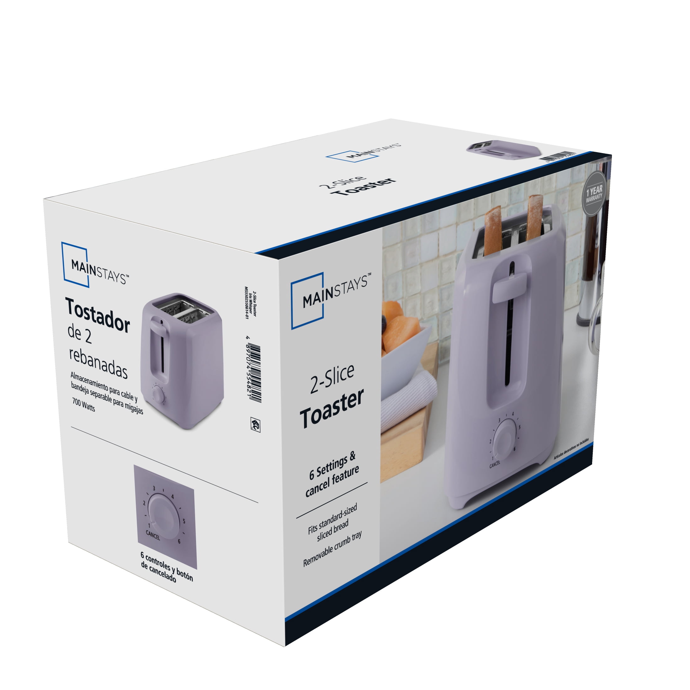 Mainstays 2-Slice Toaster with 6 Shade Settings and Removable Crumb Tray, Iris Whisper