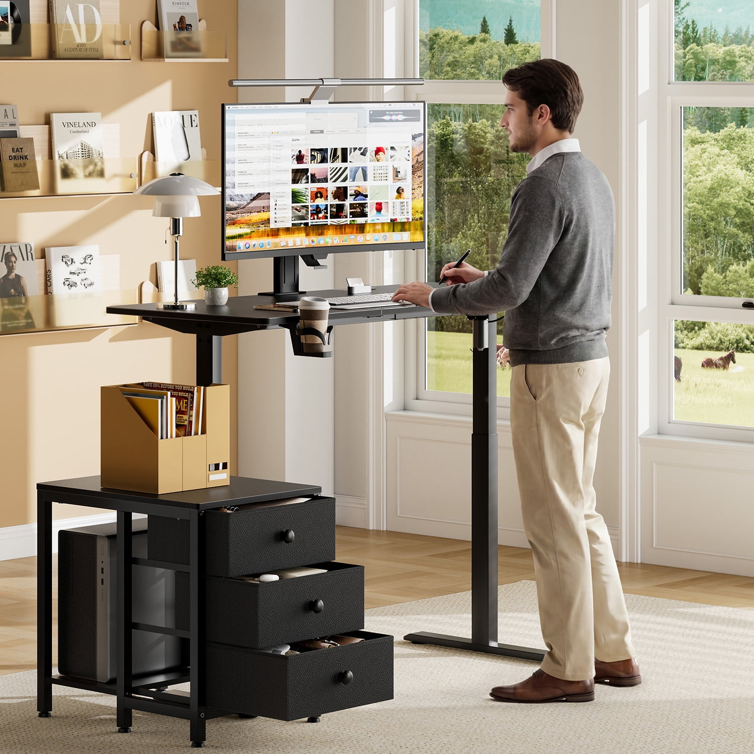 GUNAITO 47.2" Electric Standing Desk with 3-Drawer Cabinet, Adjustable Height Desk with Memory Panel, Office & Gaming Desk，Black