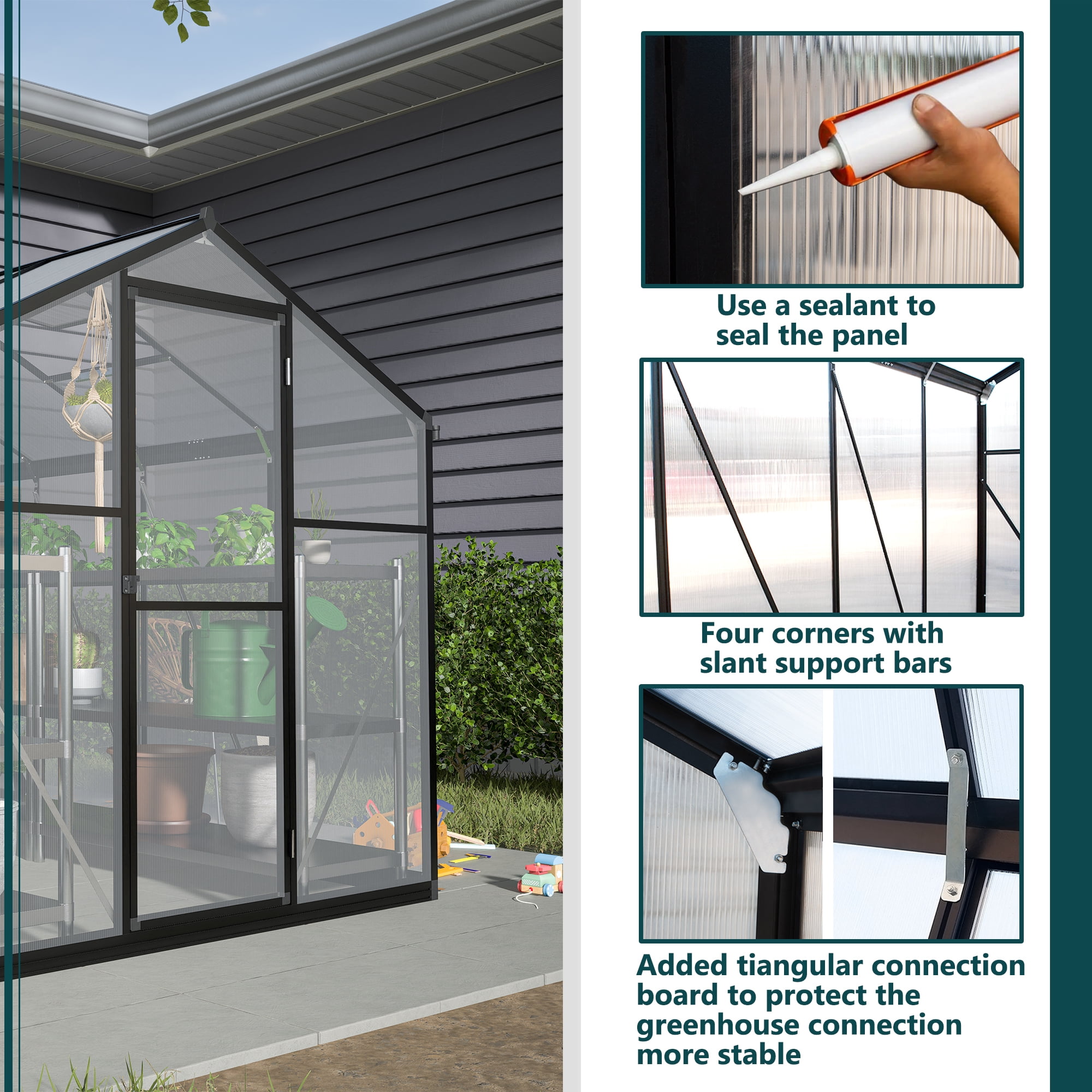 Jaxilyn 6' x 8' Greenhouse for Outdoors, Walk-in Polycarbonate Greenhouse with Quick Setup Structure and Roof Vent, Aluminum Large Greenhouse for Outside Garden Backyard