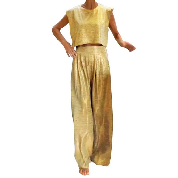 Bmisegm Women's Casual Glossy Vest and Wide Leg Pants Two Piece Set Round Neck Sleeveless Crop Top Long Pants Party Outfit Womens Pant Suit Gold L