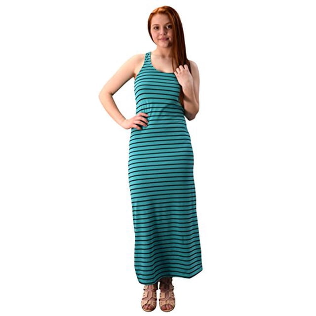 Peach Couture Racerback Summer Maxi Dress Striped Solid Sundress (Medium, Striped Jade Black)