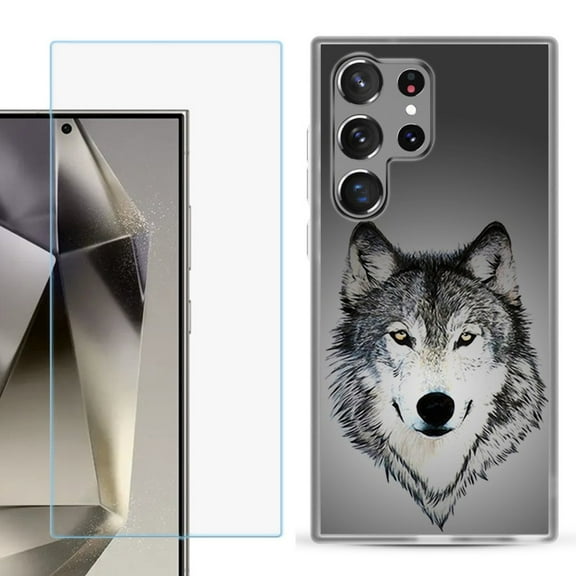 For Samsung Galaxy S25 Ultra 5G Phone Case Cover with Tempered Glass Screen Protector, by OneToughShield - Wolf Face