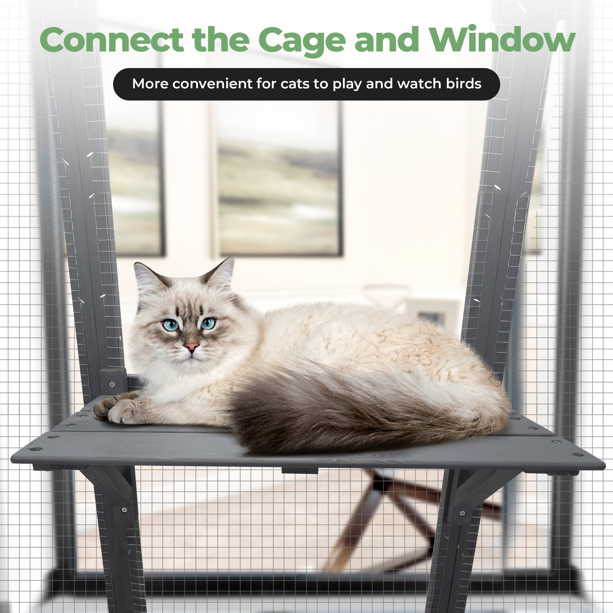 Coziwow Large Wooden Cat House, Outdoor Cat Enclosure with Weather Protection Roof, Catio Cat Cage with 5 Platforms and 2 Caves, Gray