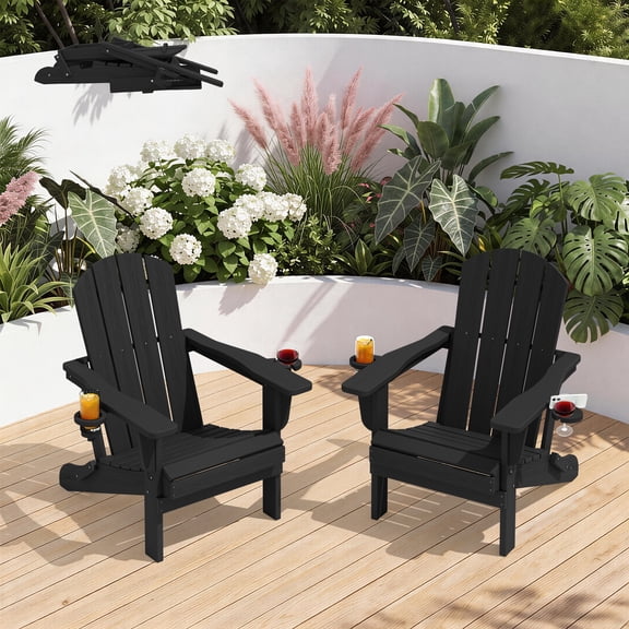 KINGYES Outdoor Folding HDPE Adirondack Chairs Set of 2 with Dual Cup Holder - Patio & Outdoor Lounge, Deck, Weather - Resistant , Black