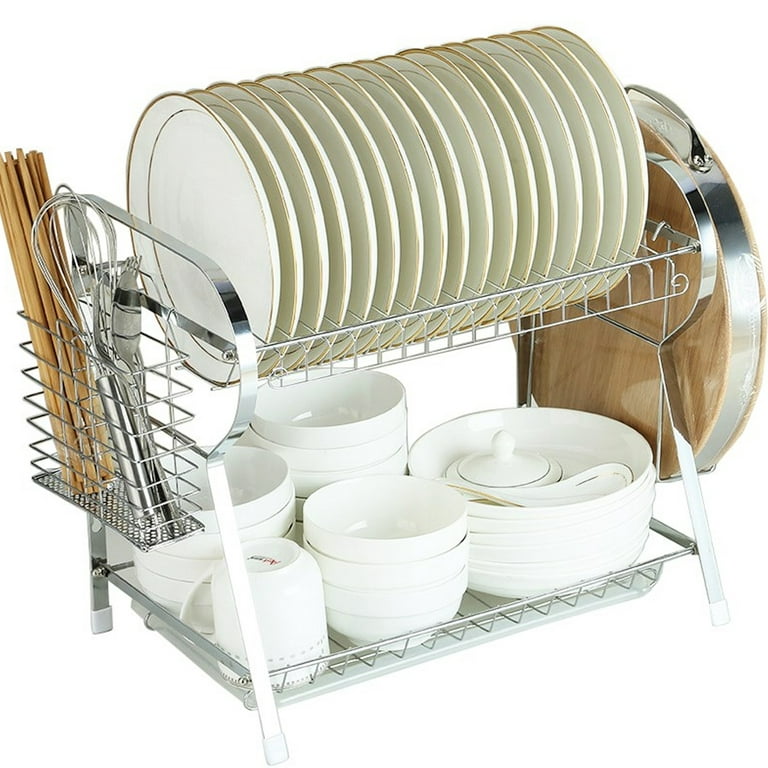 2-Tier Dish Drying Rack, with Side Mounted Utensil Holder and Cup Holder,  Organizing Dishes Kitchen Counter Top or Sink Side, Easy Assemble 