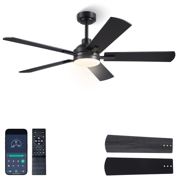 Low Profile Ceiling Fan with Lights, 52 inch Modern Black Ceiling Fans with Lights APP/Remote Control,6 Speeds Ceiling Fan Light for Indoor/Outdoor Patio Bedroom Living Room