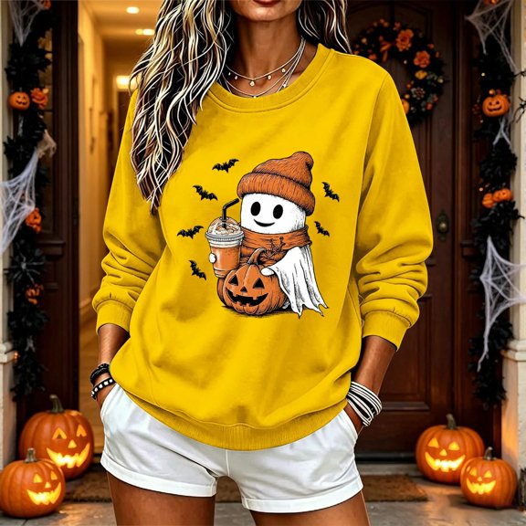 DIOAZUD Women's Halloween Sweatshirt Cute Funny Spooky Crewneck Long Sleeve Fall Tops Graphic Pullover Sweatshirts Pumpkin Patch Outfit