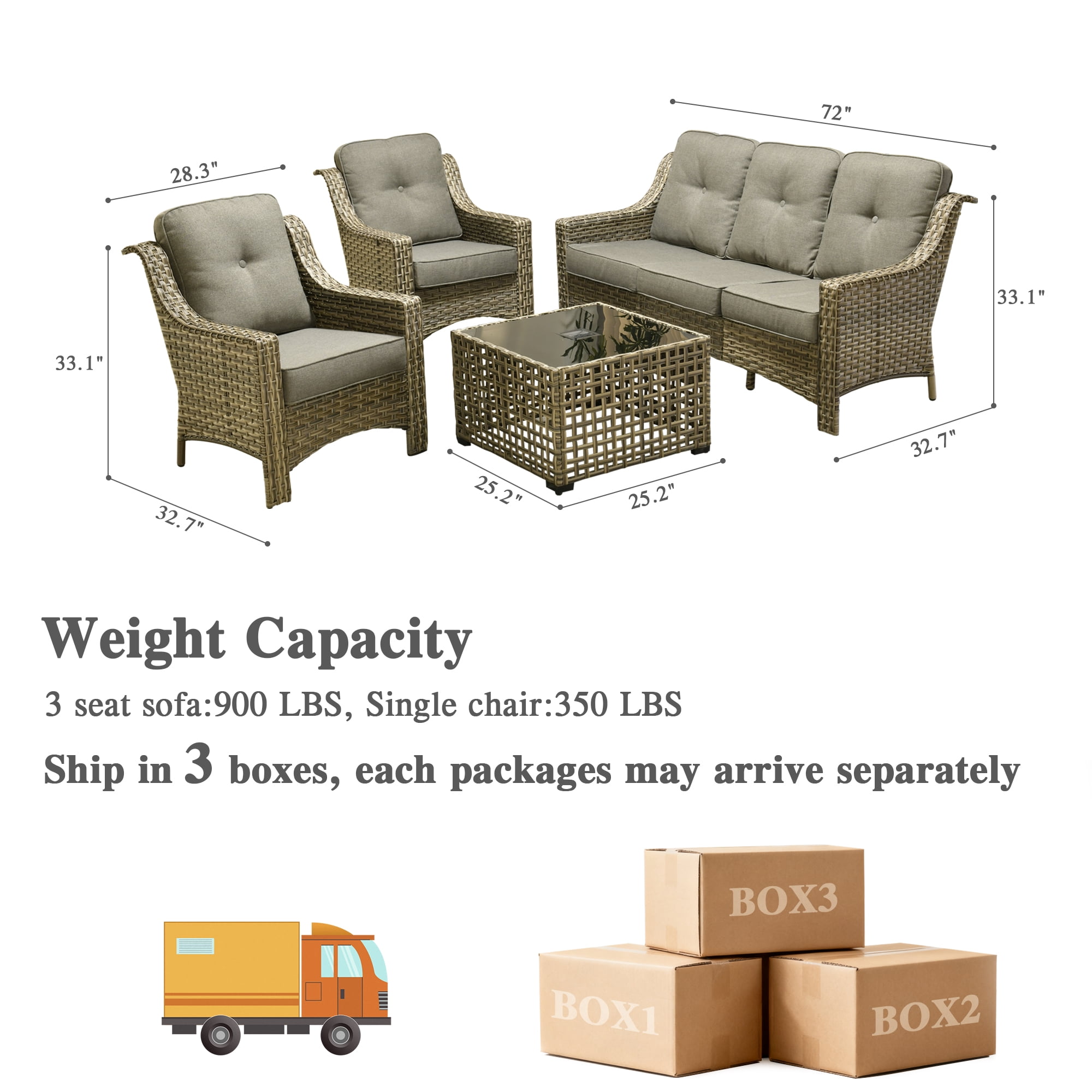 Ovios 4 Pieces Outdoor Furniture Set High Back All-Weather Wicker Patio Conversation Set with Solar Light Coffee Table, Dark Gray