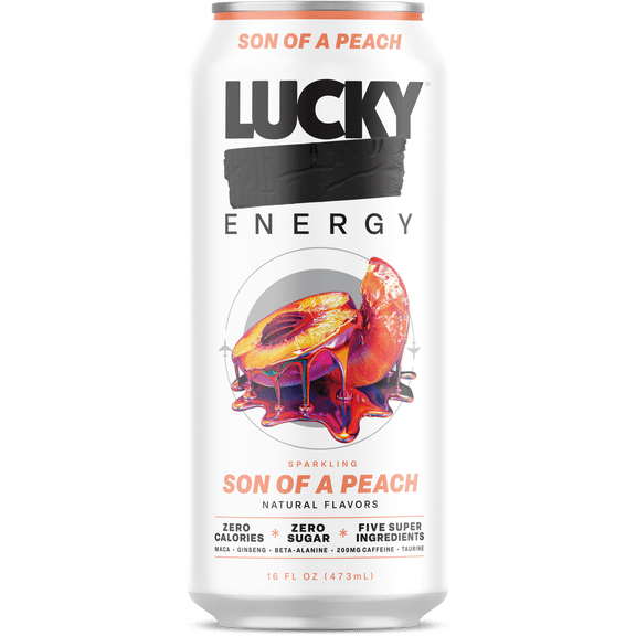 Lucky Energy Sugar Free Energy Drinks 16 fl oz Can, Son of a Peach with Maca, Ginseng, Taurine, Beta-Alanine, 200mg Caffeine, Zero Calories