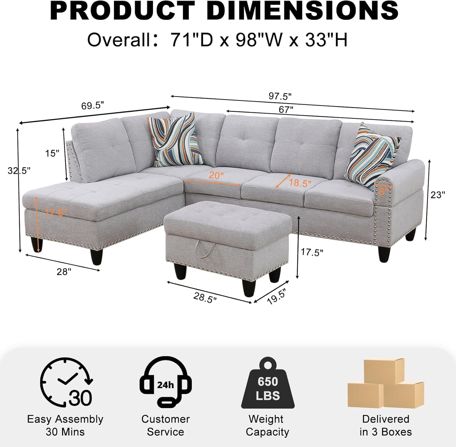Howcool L Shaped Sectional Sofa, 4 Seater Couch with Chaise Lounge, Storage Ottoman, Cup Holders and Pillows, Modern Linen Fabric Couch for Living Room,Light Gray