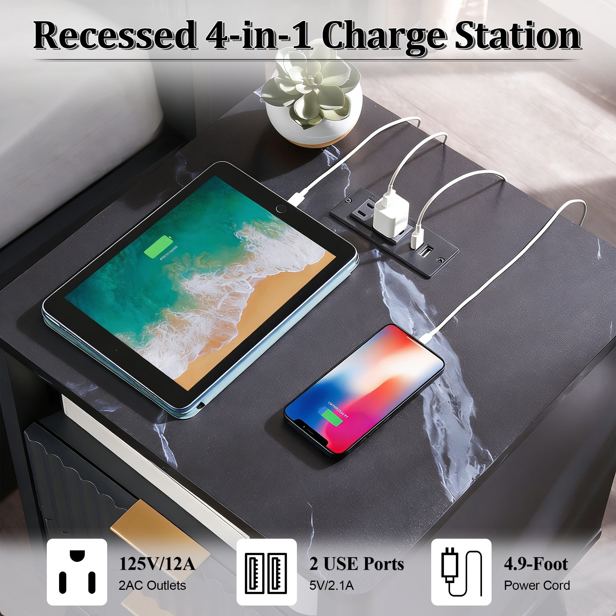 KeyWhat Modern Nightstand with Charging Station, Mid-Century Wood End Table Side Table for Living Room, Fluted Panel, Dark Grey