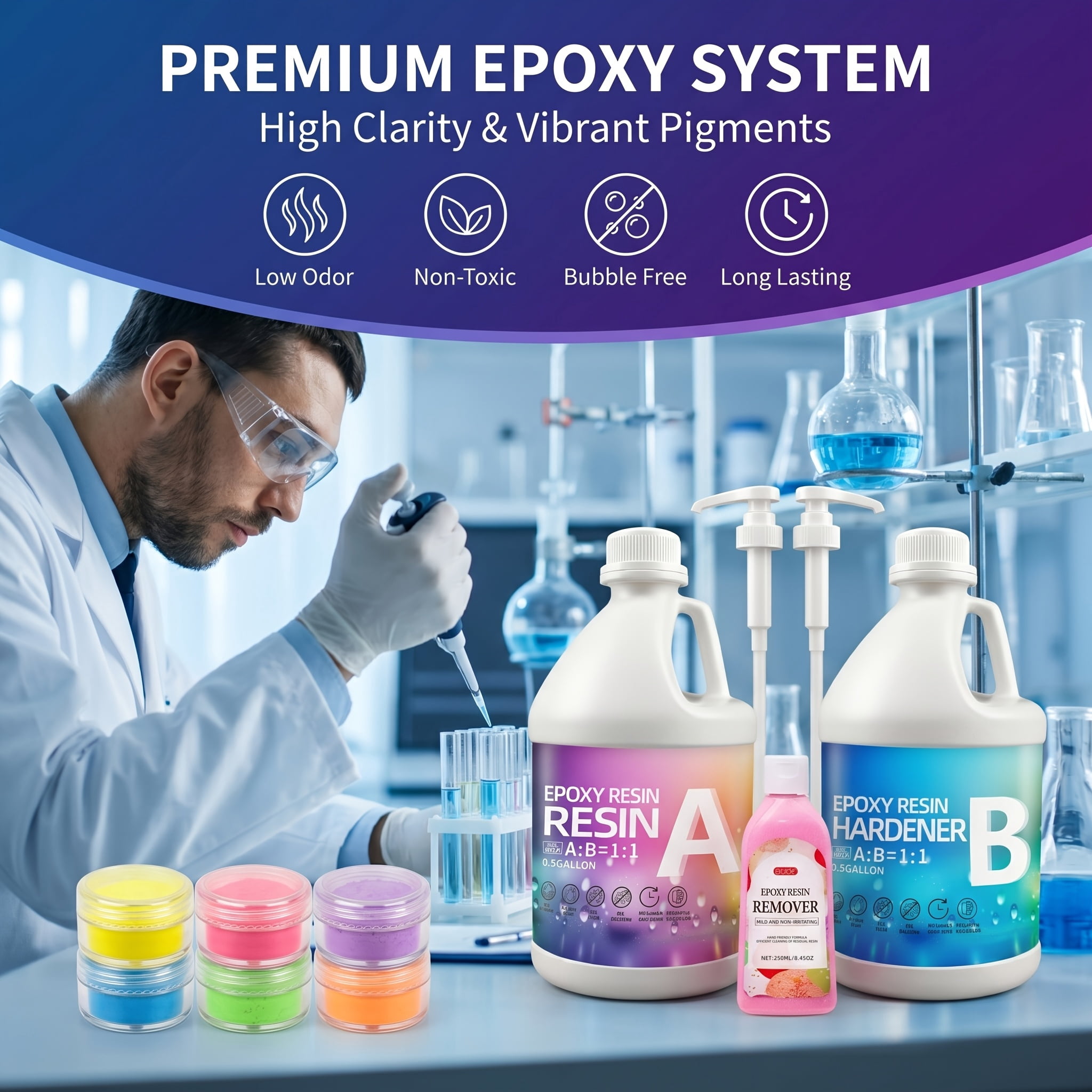 Epoxy Resin Kit 1GAL with 250ml remover and 6 color power, 1:1 Mixing Ratio, Bubble Free & Anti-Yellowing - High Gloss Casting & Coating Resin for Jewelry, River Tables, Bar Top, Countertops & Wood