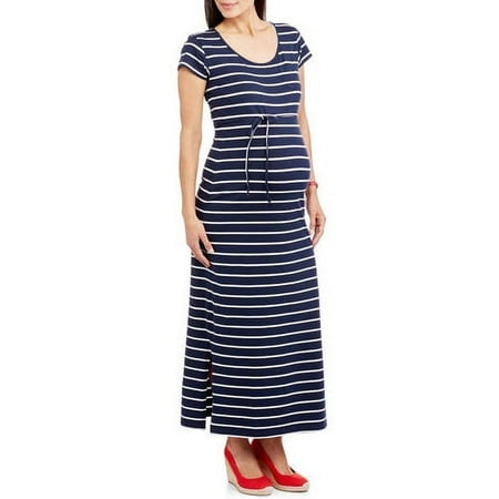 Oh! Mamma Maternity Cap Sleeve Scoop Neck Stripe Dress with Self Tie