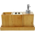 thumbnail image 1 of GOOHOCHY 1 juego de accesorios de baño de bambú, dispensador de loción, soporte para cepillo de dientes, vaso para cepillo de dientes., 1 of 8