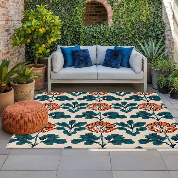 Outdoor Rug 3x5ft Watercolor Orange Flowers Large Area Rug Green Leaf Indoor Outdoor Carpet Outdoor Rugs Mats for Patio Camping,RV,Front Door, Outside Decor