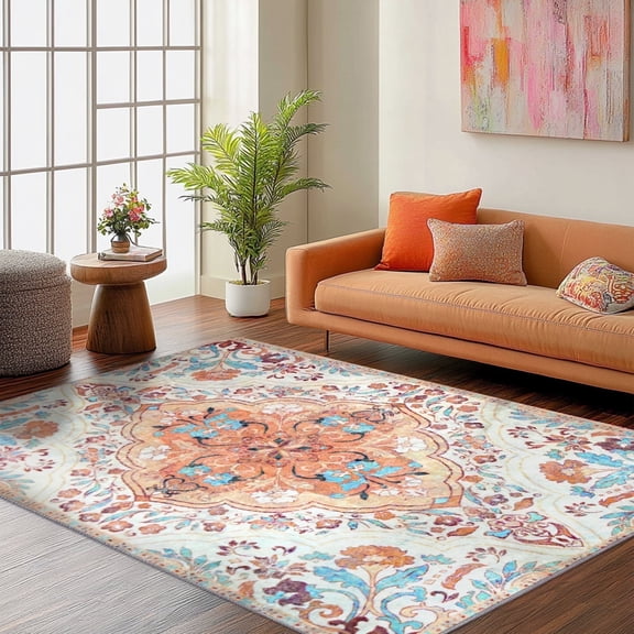 Socofuz 5x7ft Area Rugs for Living Room, Non Slip Washable Vintage Indoor Rug Home Decor Carpets Orange