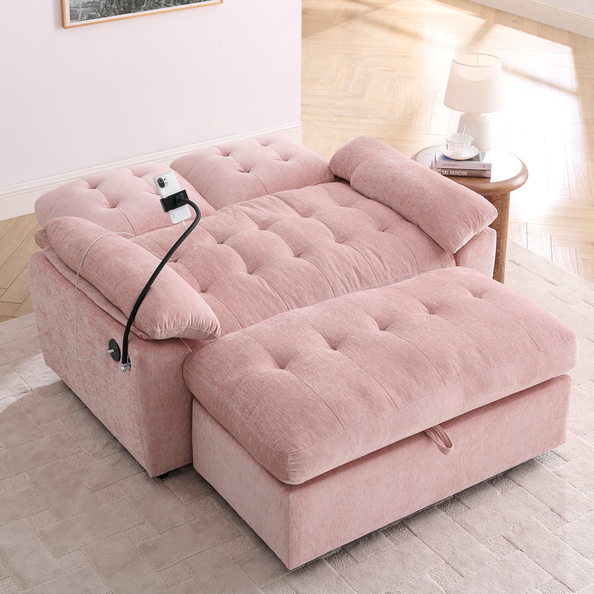 Recliner Loveseat with Adjustable Backrest, Cup Holders, USB Charging Port, Phone Stand and Storage Ottoman